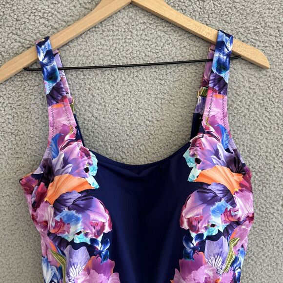Lands End Swimsuit 12 Large One Piece Floral Built In Bra Lined Navy Blue Purple - Picture 2 of 15